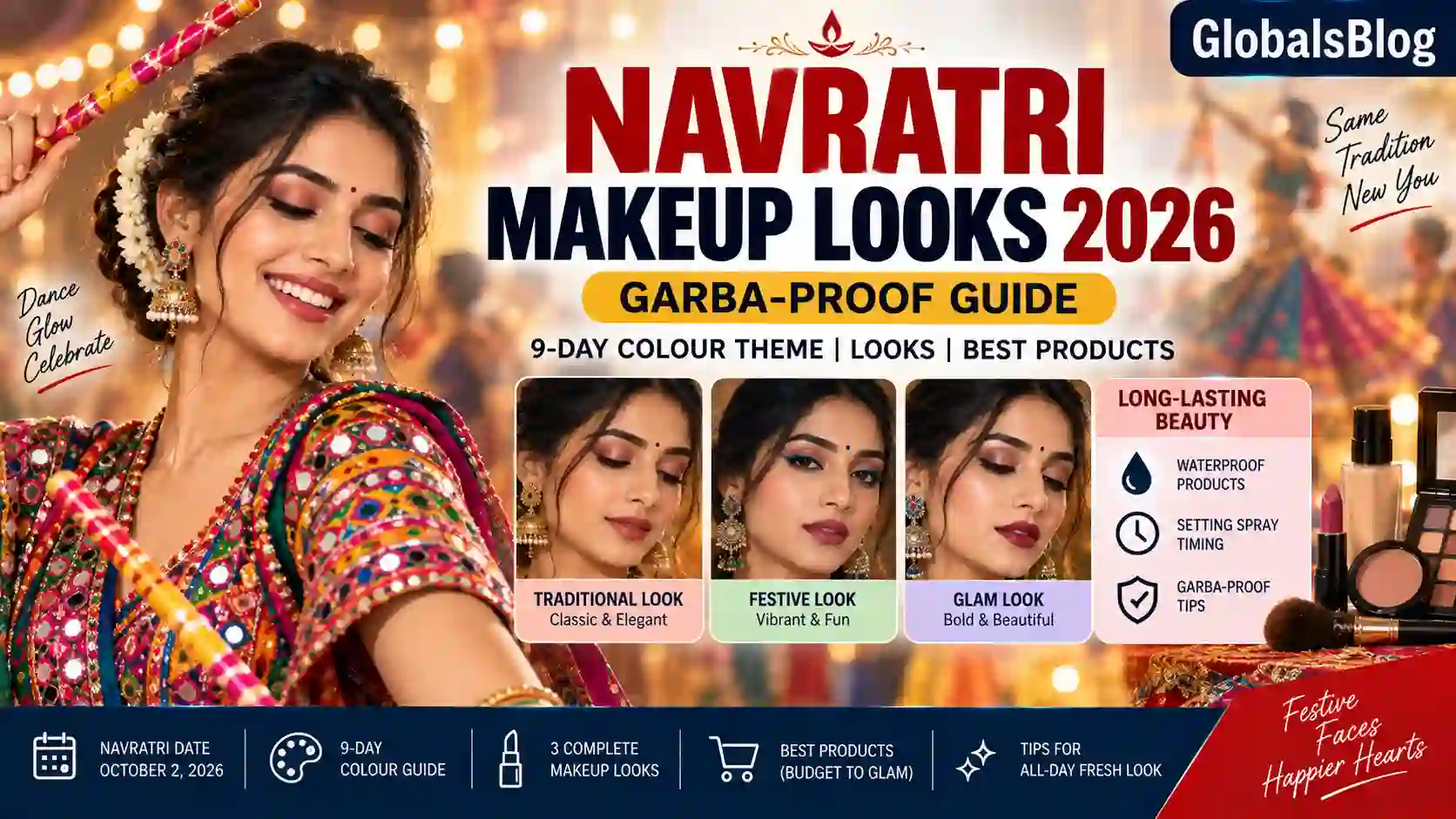 Navratri Makeup Looks 2026 — Garba-Proof Guide, 9-Day Colour Theme and Best Products